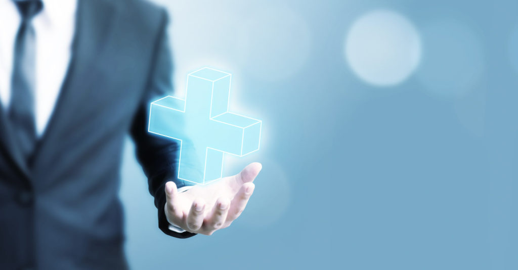 Businessman offer positive thing (such as profit, benefits, development, CSR) represented by plus sign